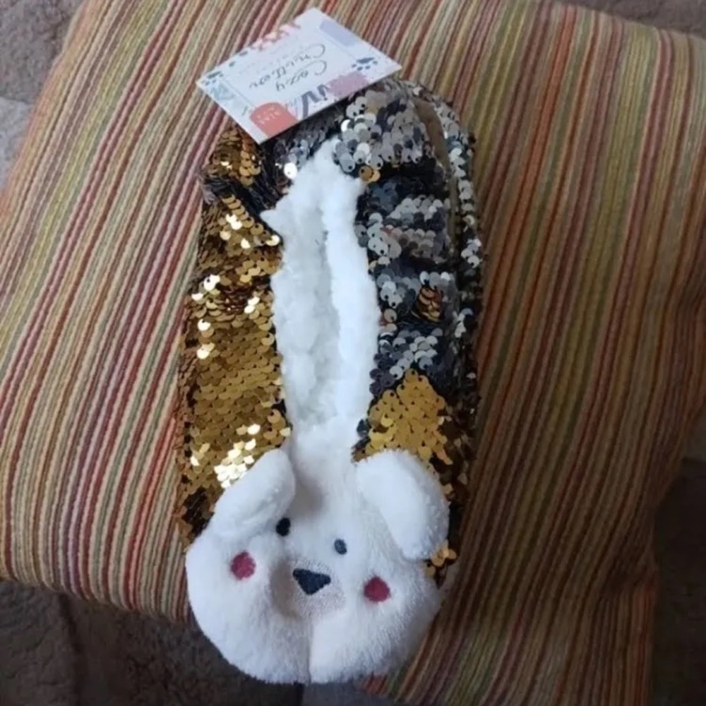 COZY CRITTER Sequin Teddy Bear Slippers Size S/M NWT